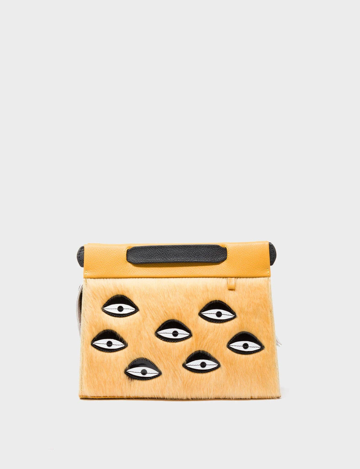 Vali Crossbody Small Golden And Black Leather Bag - Eyes Applique Adjustable Handle