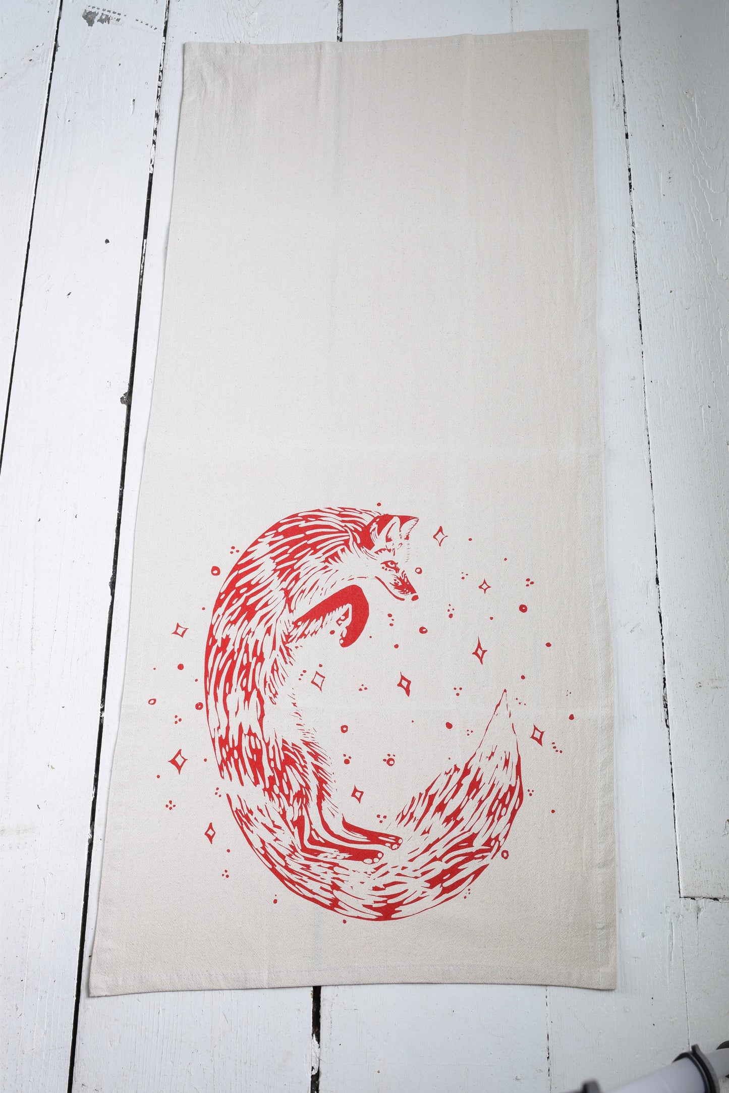Organic Cotton Celestial Fox Tea Towel in Red - Animal Print