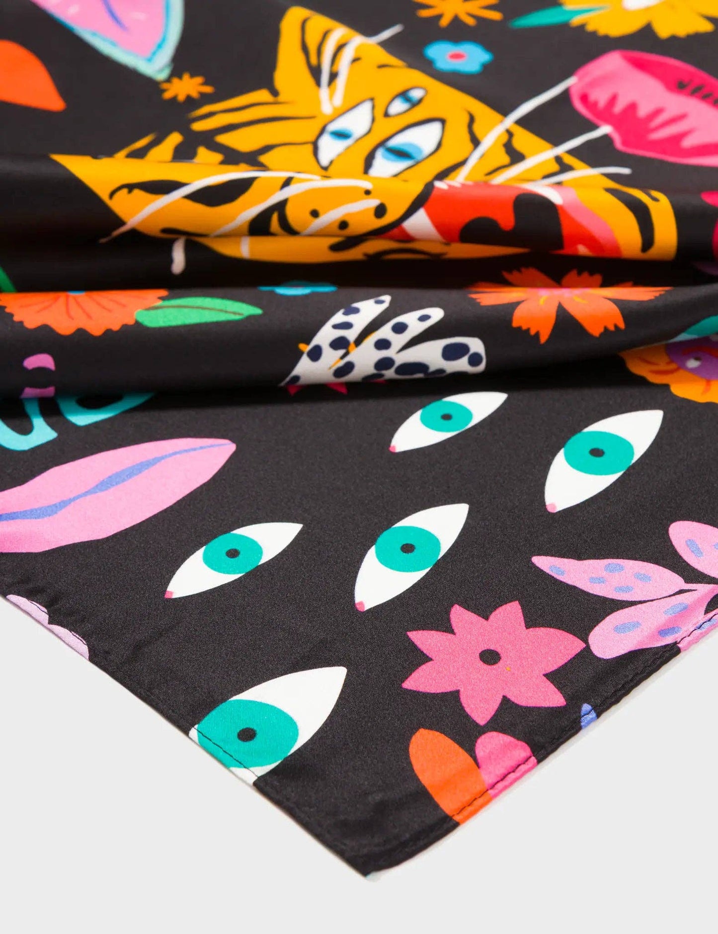 Black Silk Headscarf - Happy Tiger
