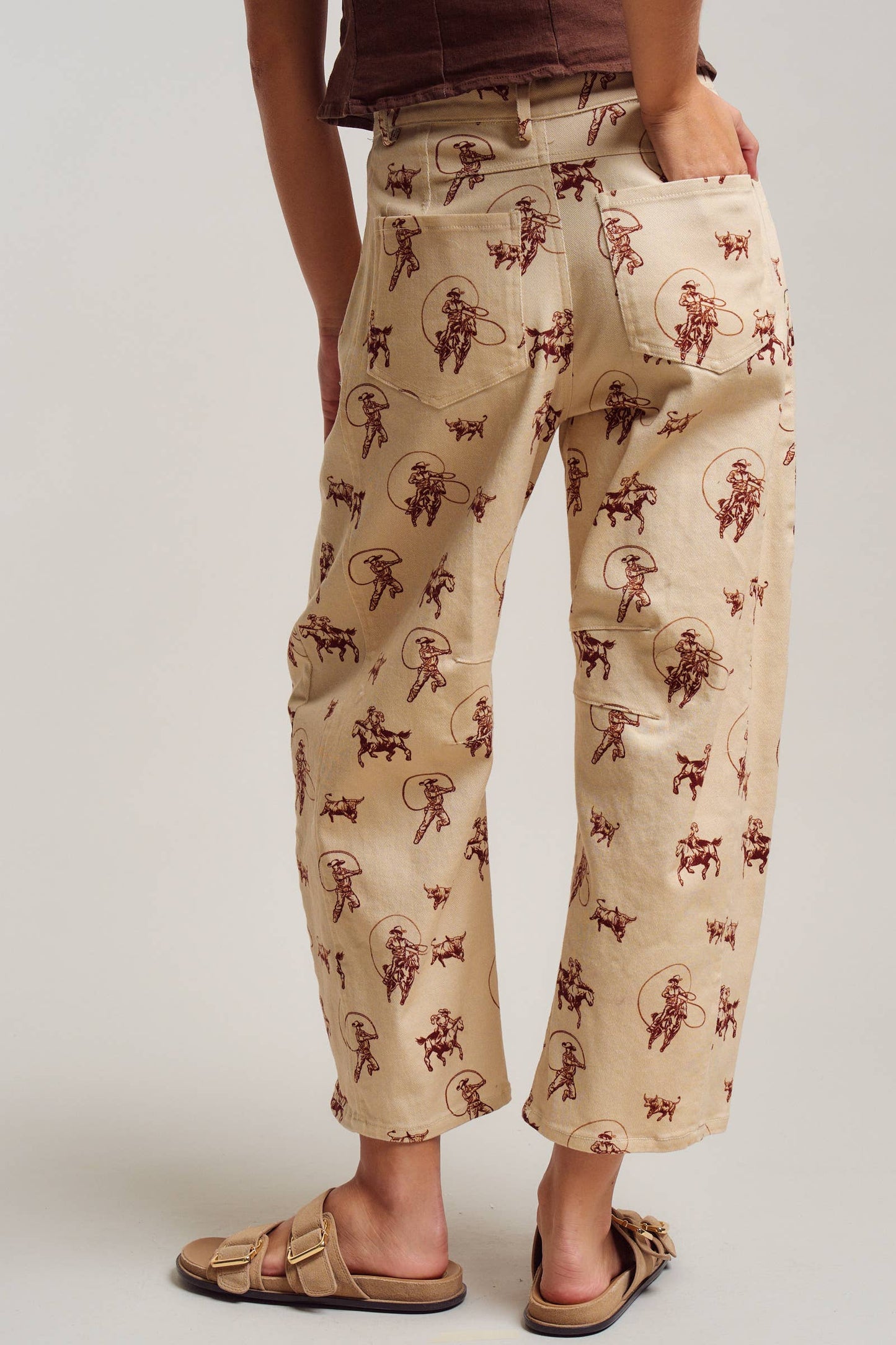 Western Toile Print Barrel Leg Stretch Pants