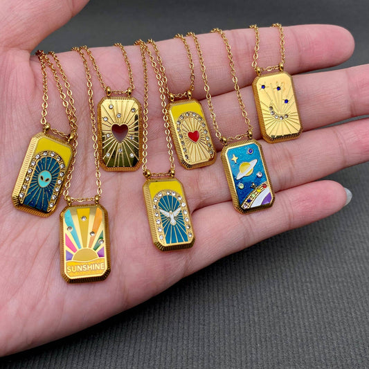 CZ Enamel Tarot Charm 18K Gold Plated S.Steel Necklace - FGS