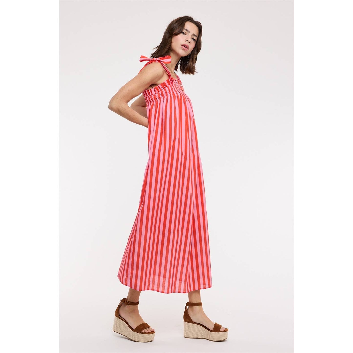 STRIPED SHOULDER TIES MIDI DRESS