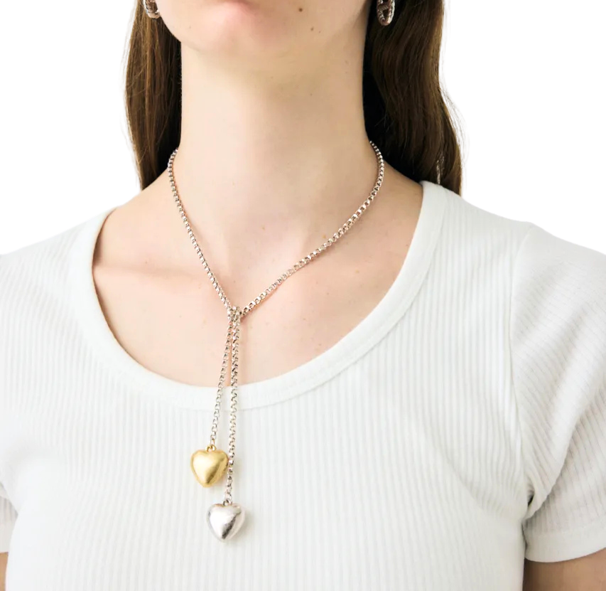 Tie Up Your Heart- Two Tone Puffy Heart Lariat PVD