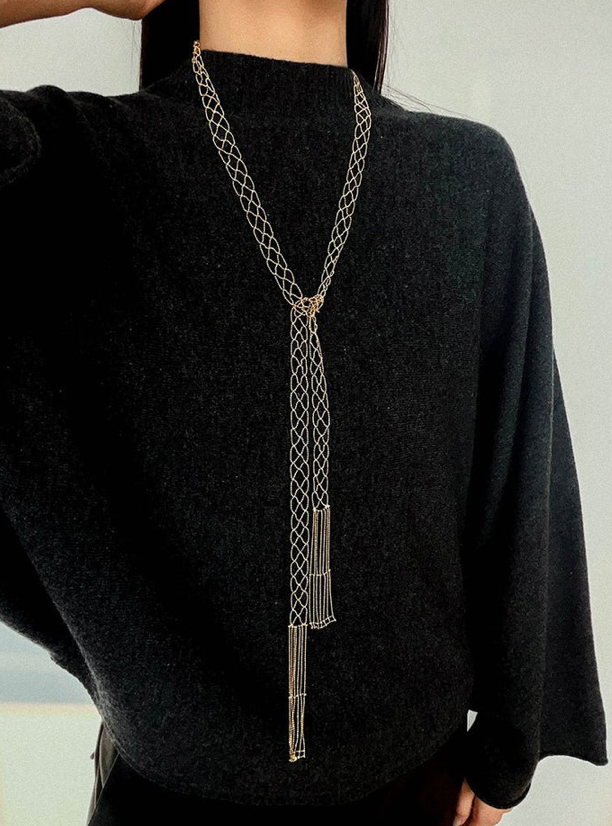 Lady Anne Lace Metal Scarf Fringe Necklace- PVD 