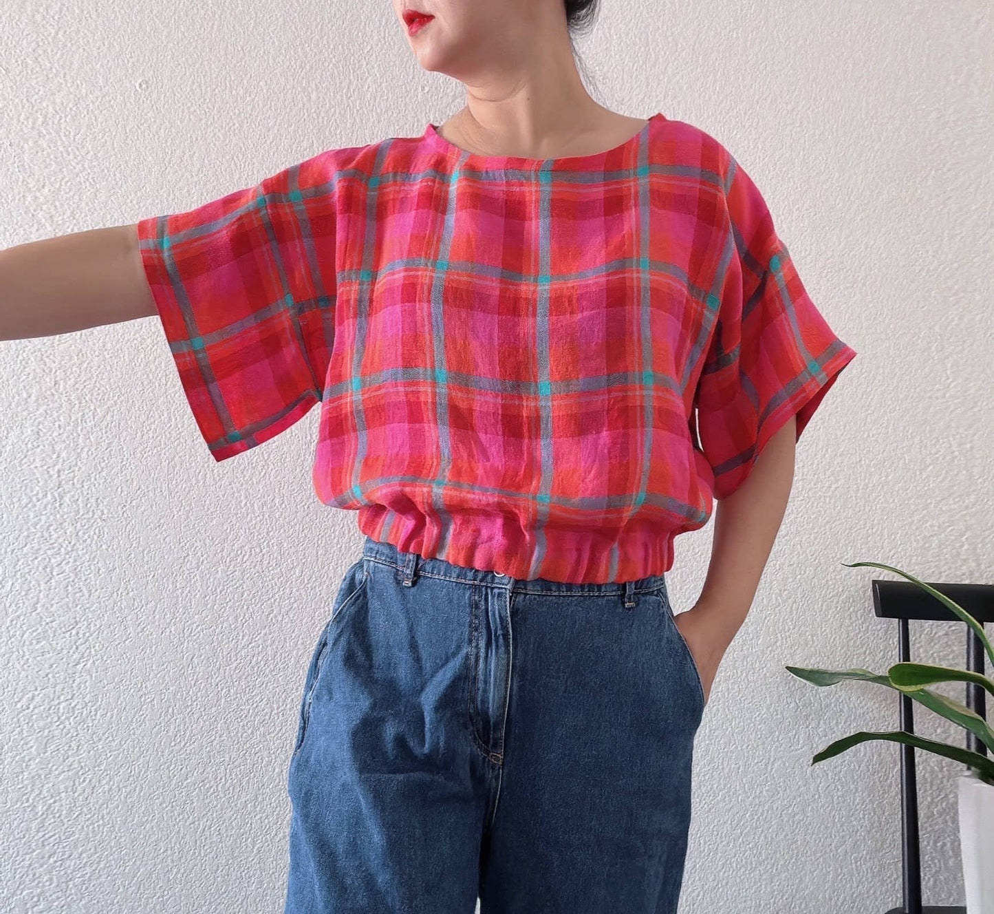 Pink check linen top
