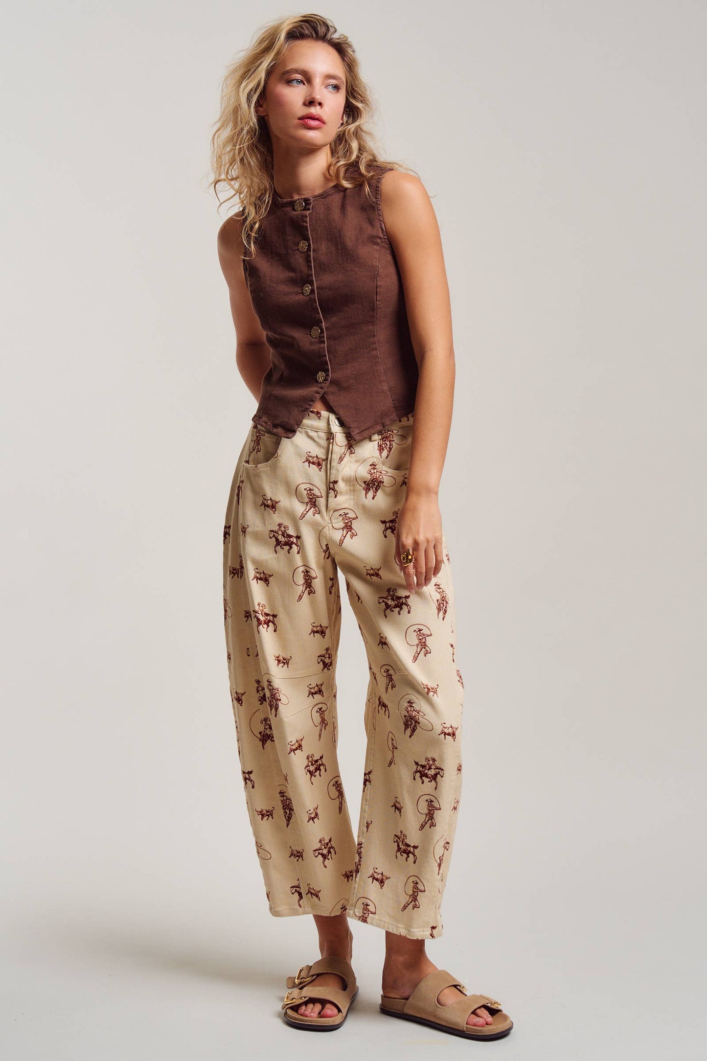 Western Toile Print Barrel Leg Stretch Pants