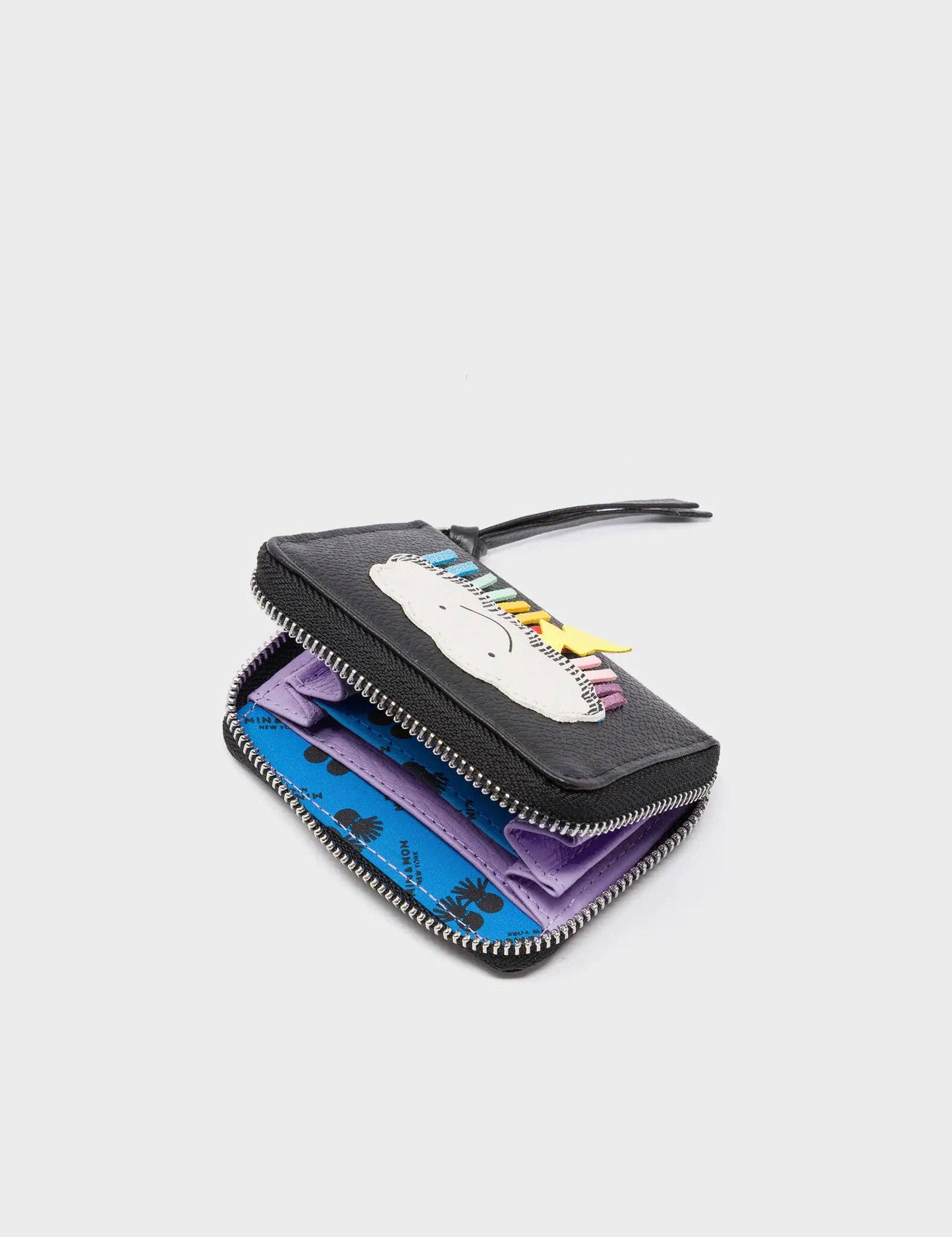 Frodo Black Leather Zip Around Wallet - Happy Cloud Applique