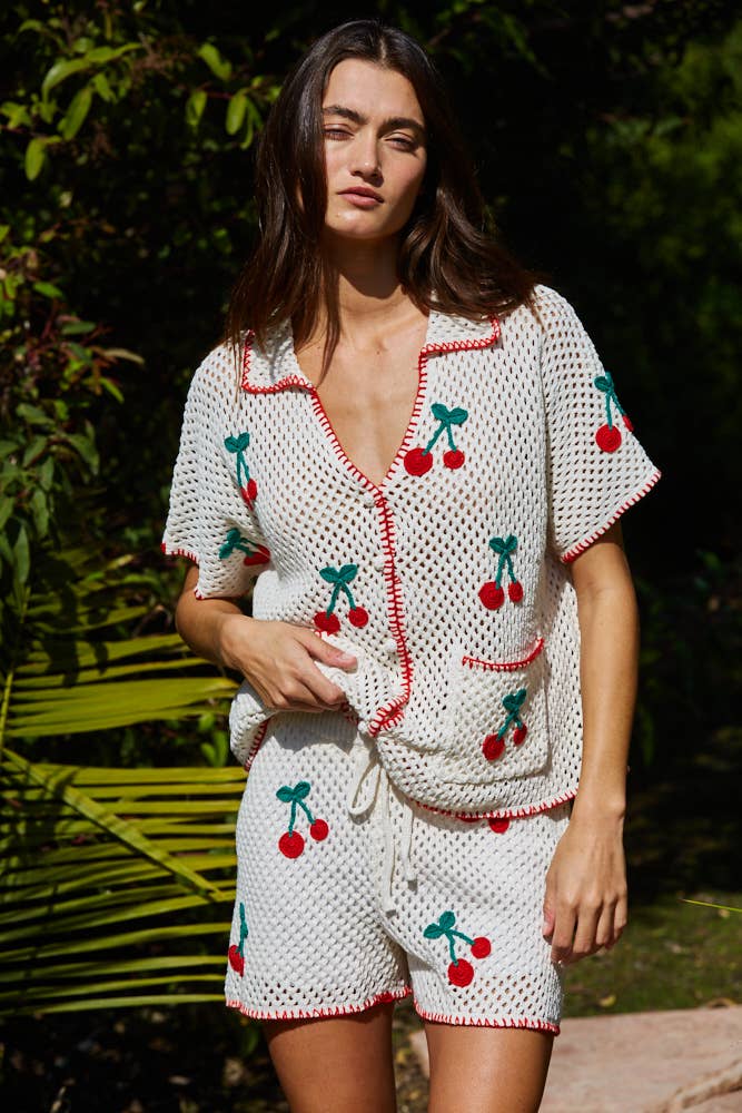 Knit Sweater Cotton Cherry Crochet Cardigan Top