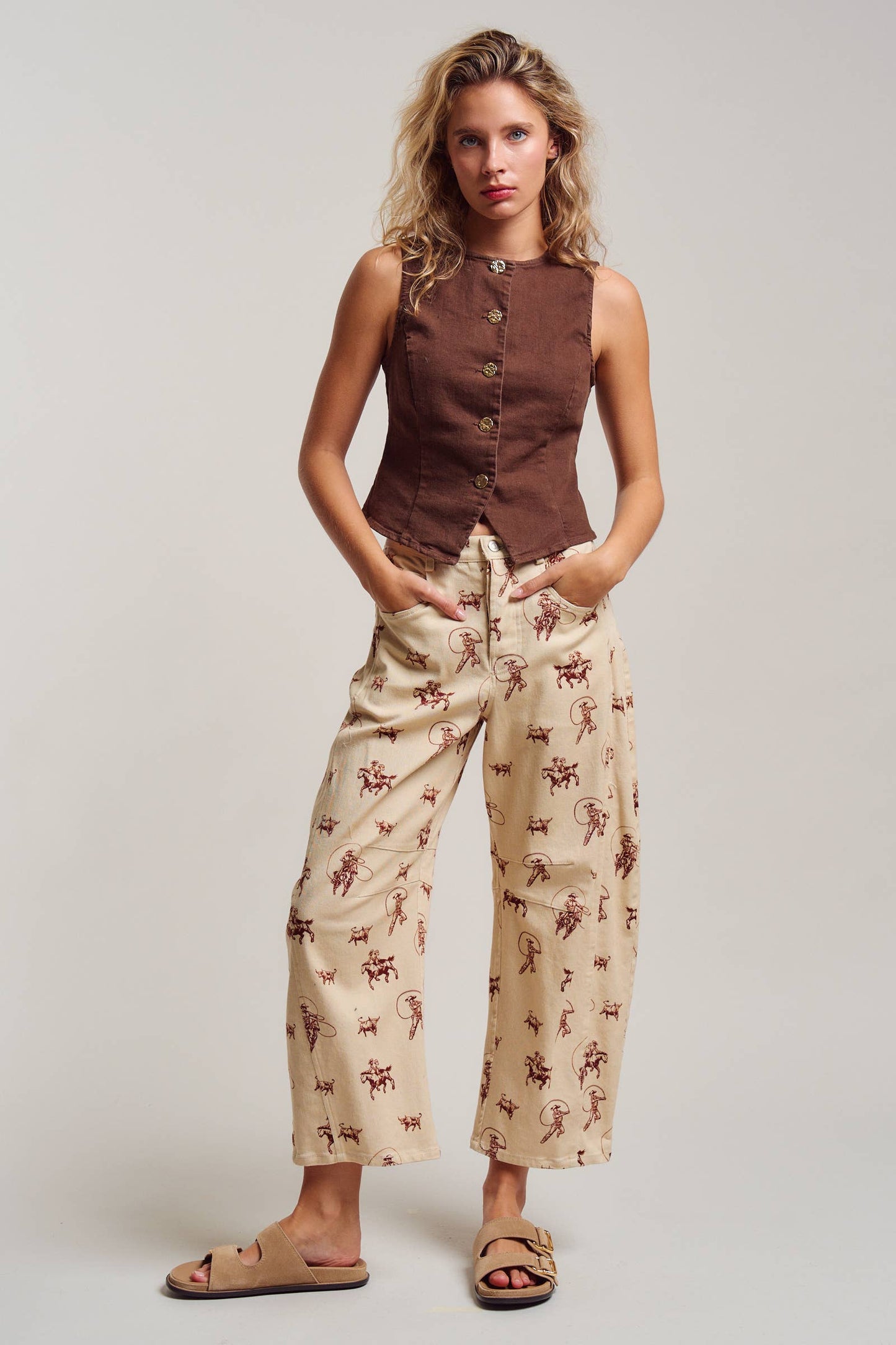 Western Toile Print Barrel Leg Stretch Pants