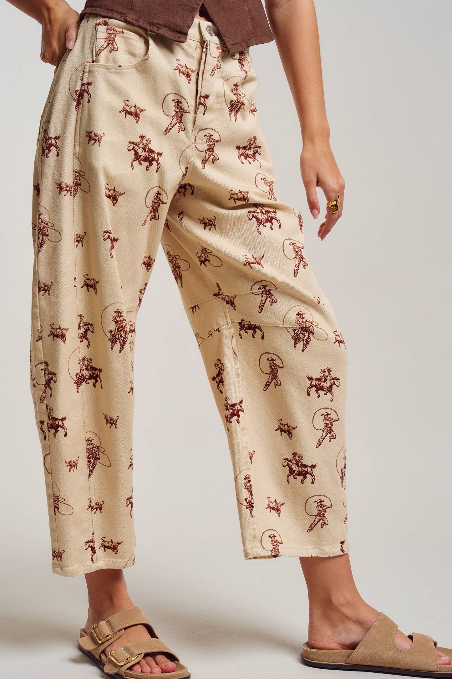 Western Toile Print Barrel Leg Stretch Pants