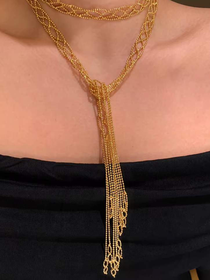 Lady Anne Lace Metal Scarf Fringe Necklace- PVD 