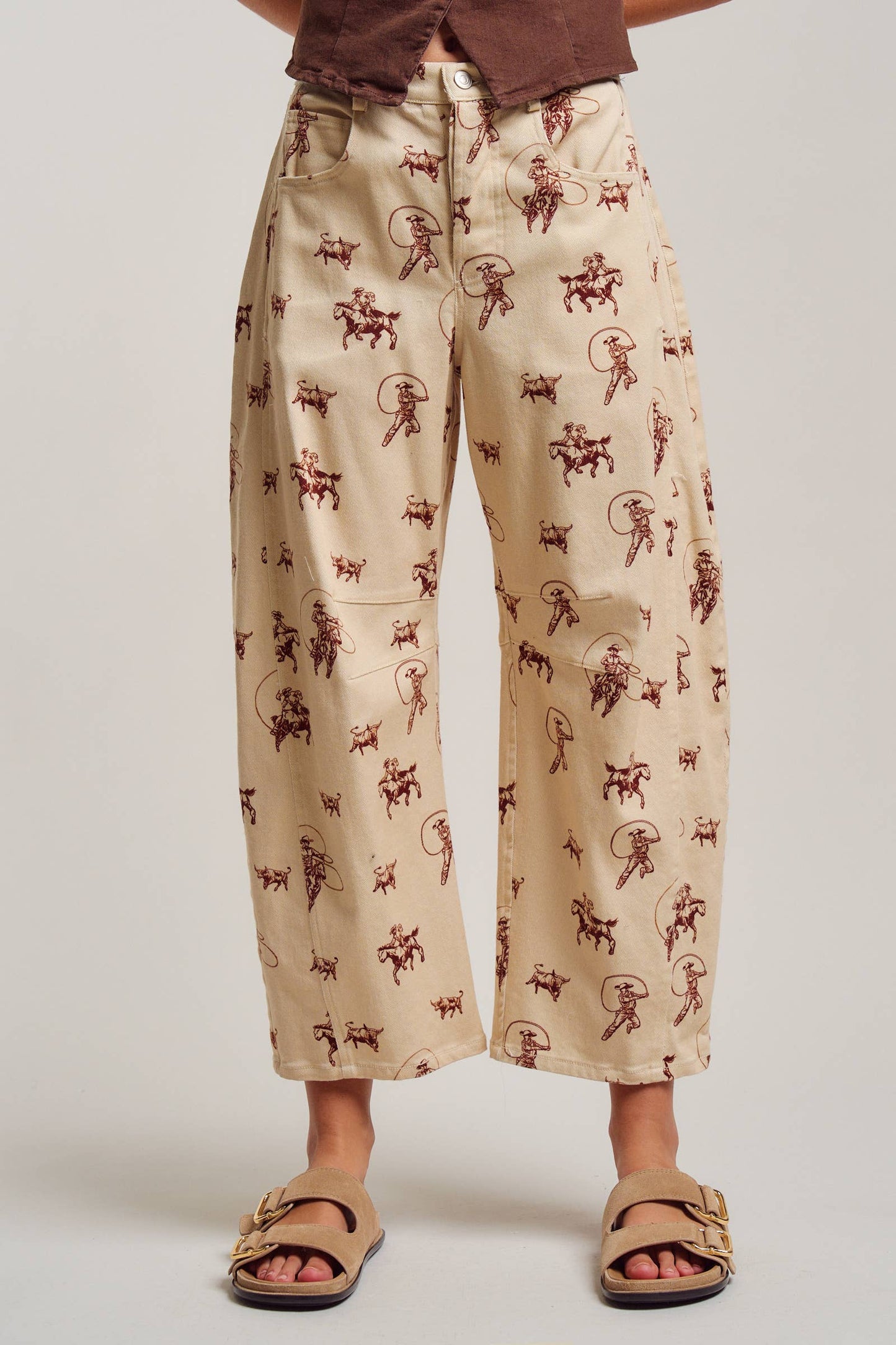 Western Toile Print Barrel Leg Stretch Pants