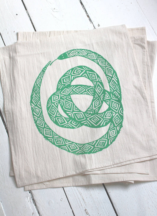 Organic Cotton Snake Tea Towel in Green - Ouroboros - Snakes