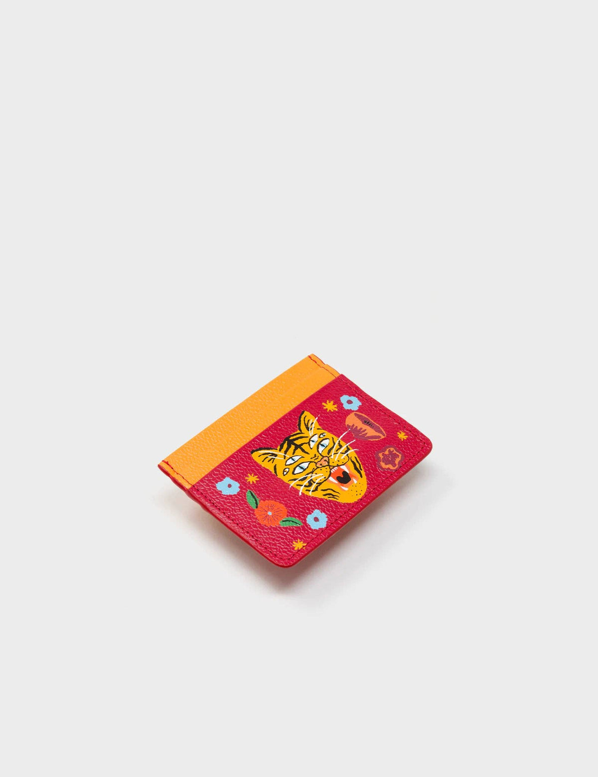 Filium Jester Red and Flamingo Orange Leather Cardholder - Happy Tiger Print