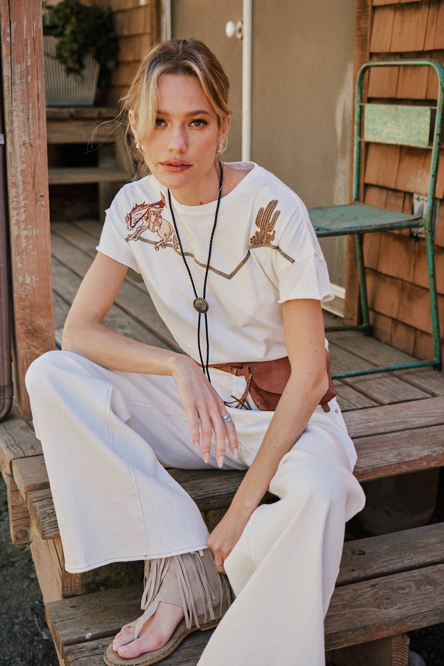 Embroidered Shoulder Western Yoke T-Shirt