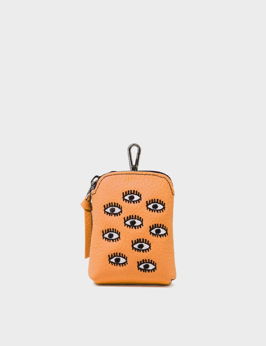 Florence Pouch Charm - Flamingo Orange Leather Keychain All Over Eyes Embroidery
