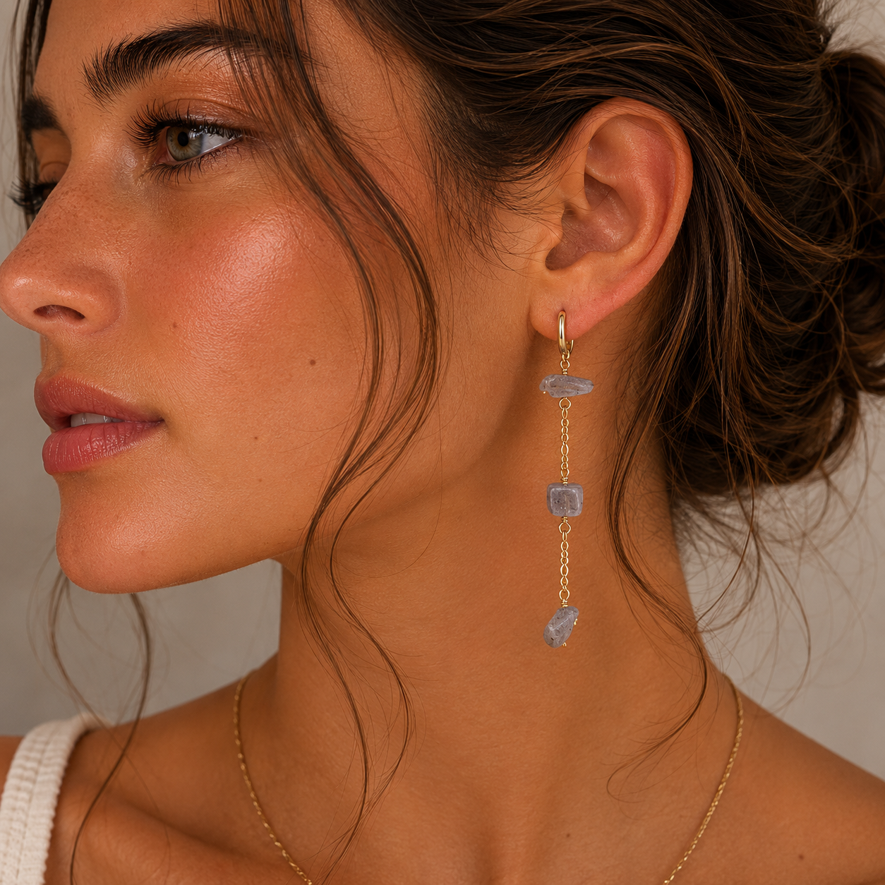 Raw Gemstone Chain Drop Earring - Rainbow Moonstone