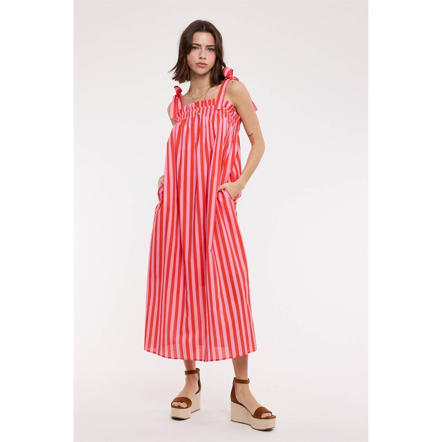 STRIPED SHOULDER TIES MIDI DRESS