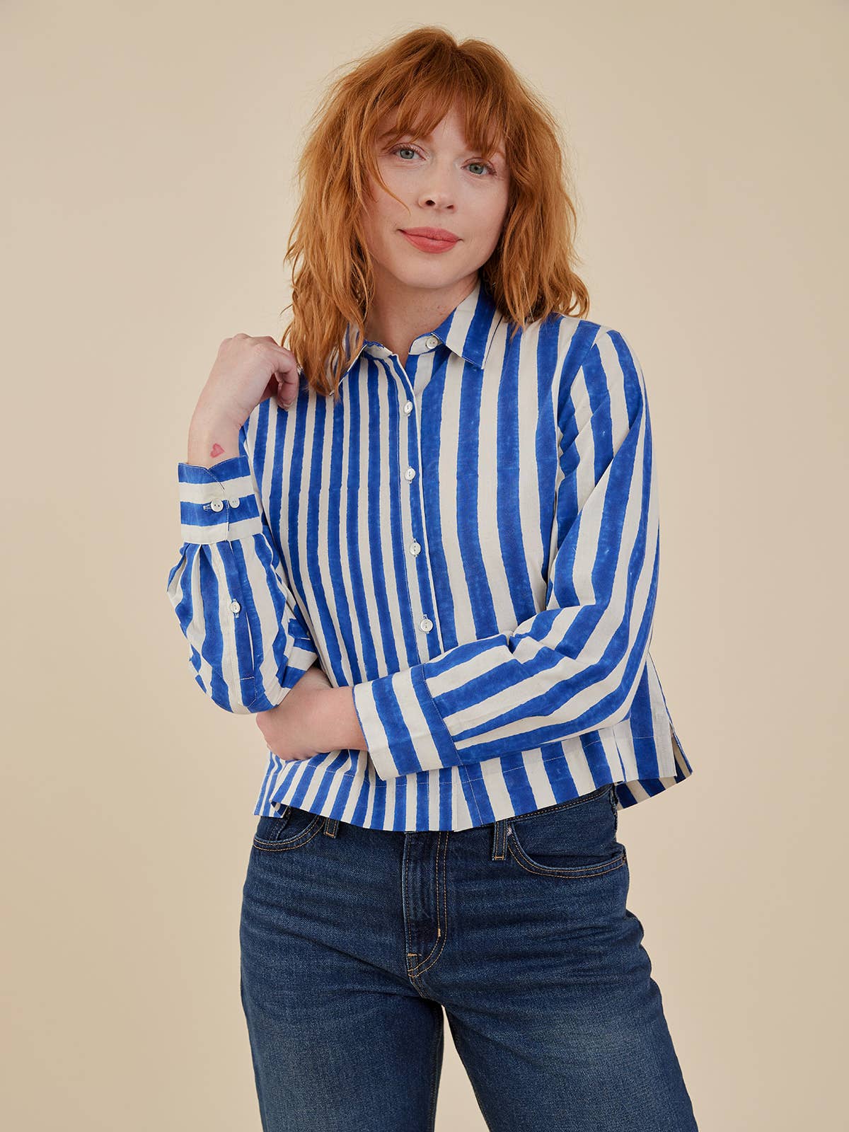 Long Sleeve Benji Button Down Cobalt Stripe Mix
