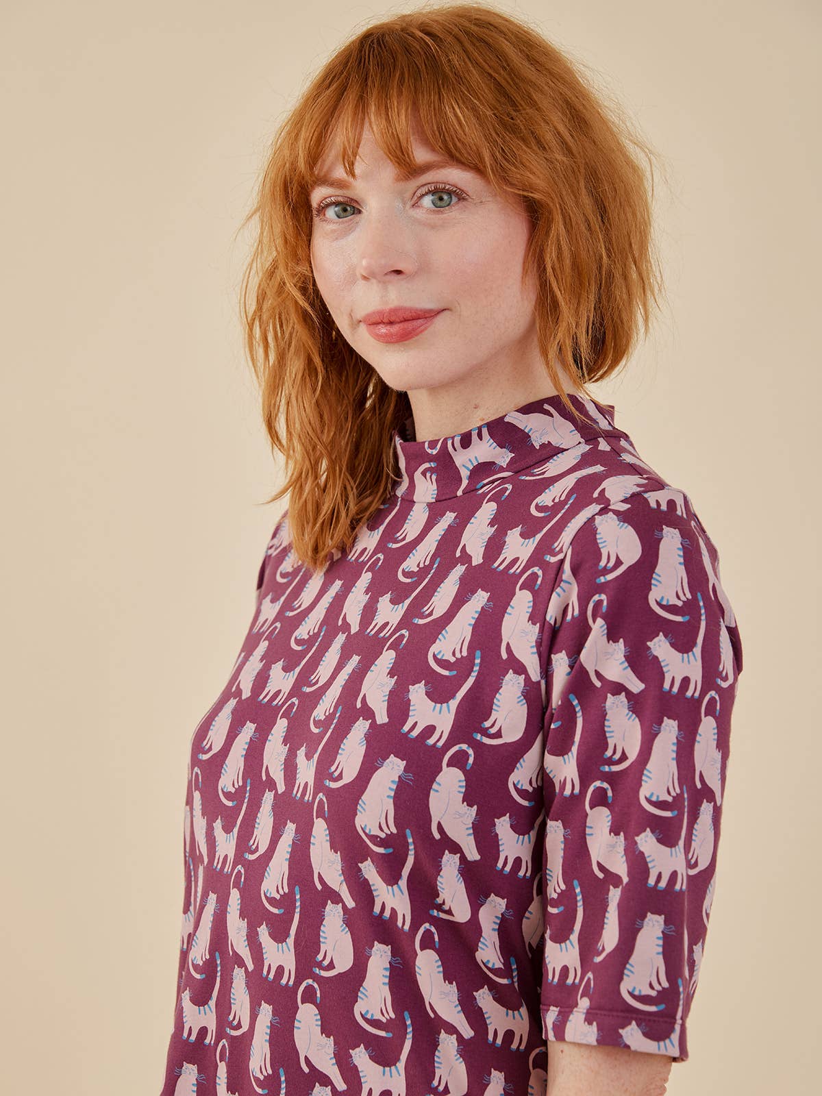 Ellie Mock Neck Swing Dress Lounge Cats Plum