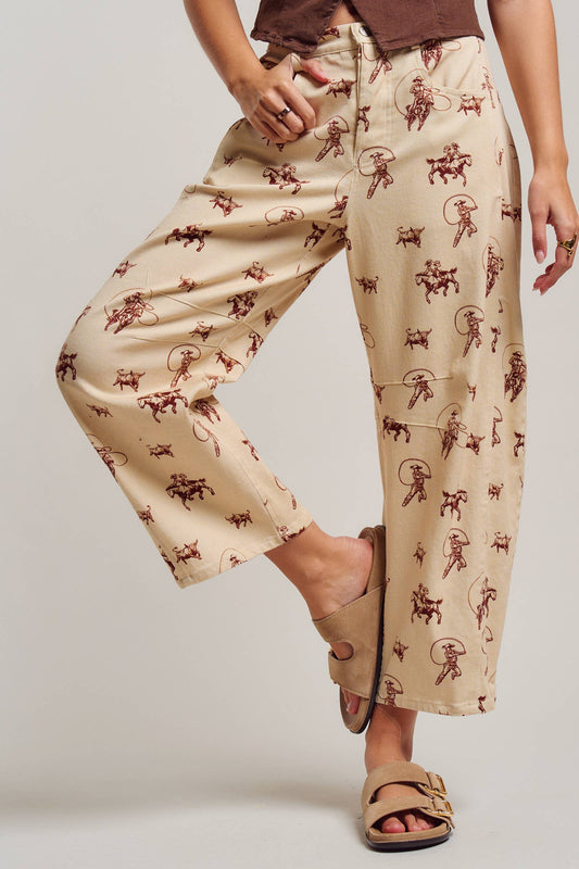 Western Toile Print Barrel Leg Stretch Pants