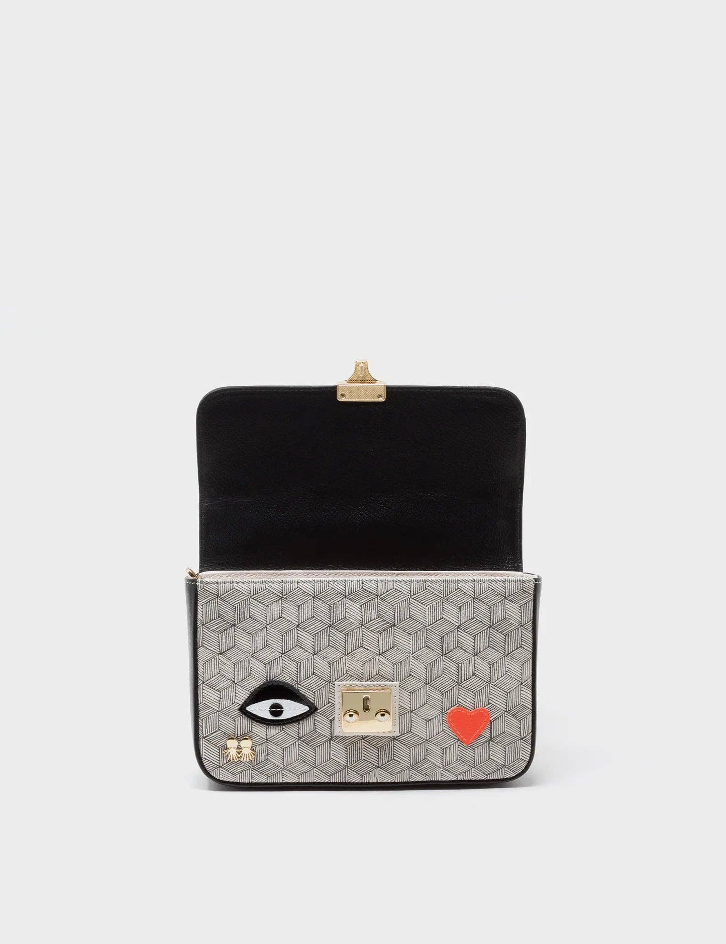 Amantis Black And Cream Leather Crossbody Mini Handbag - All Over Eyes Embroidery