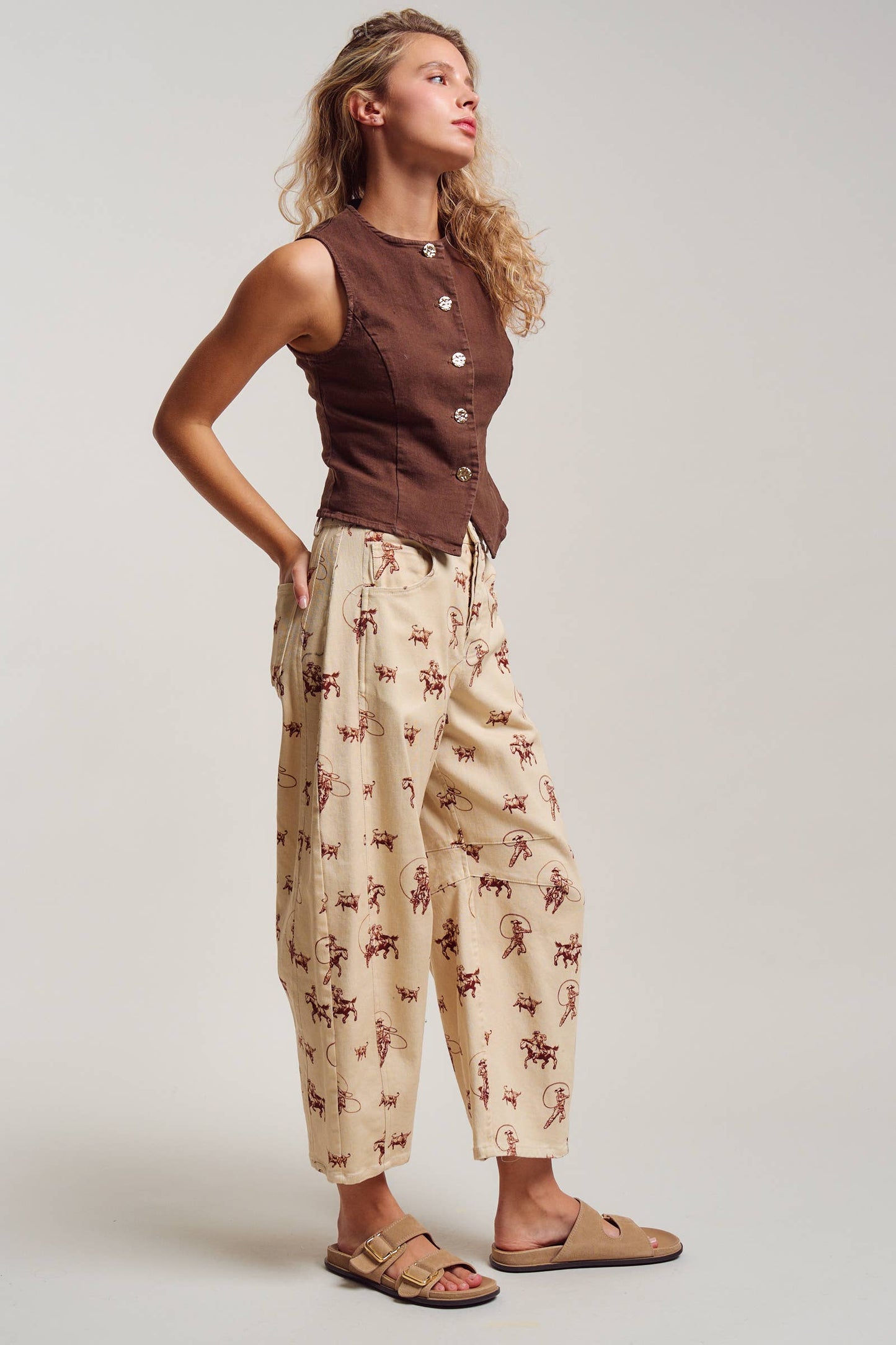 Western Toile Print Barrel Leg Stretch Pants