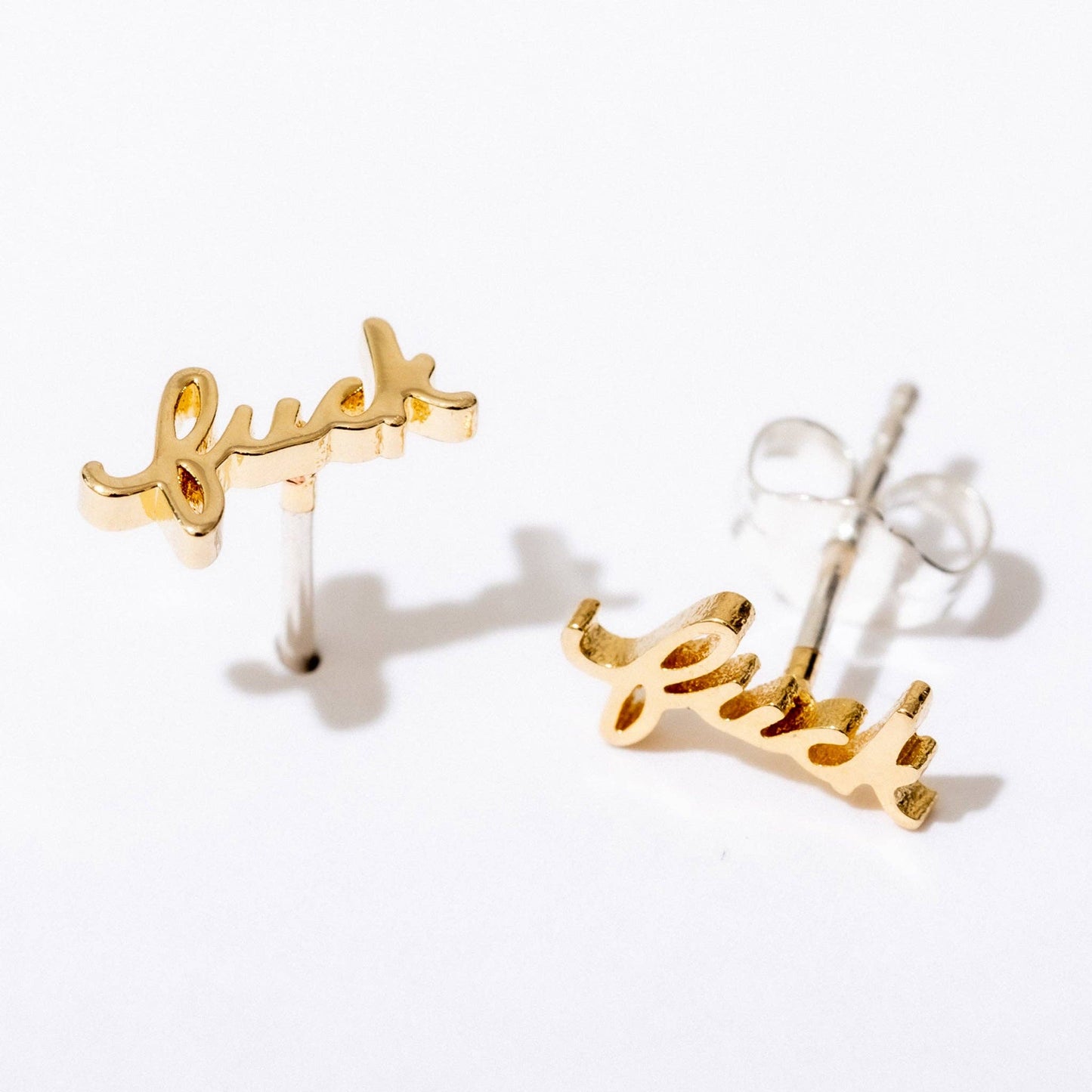 Fuck Script Stud Earring - Silver or Gold Plate, Single/Pair