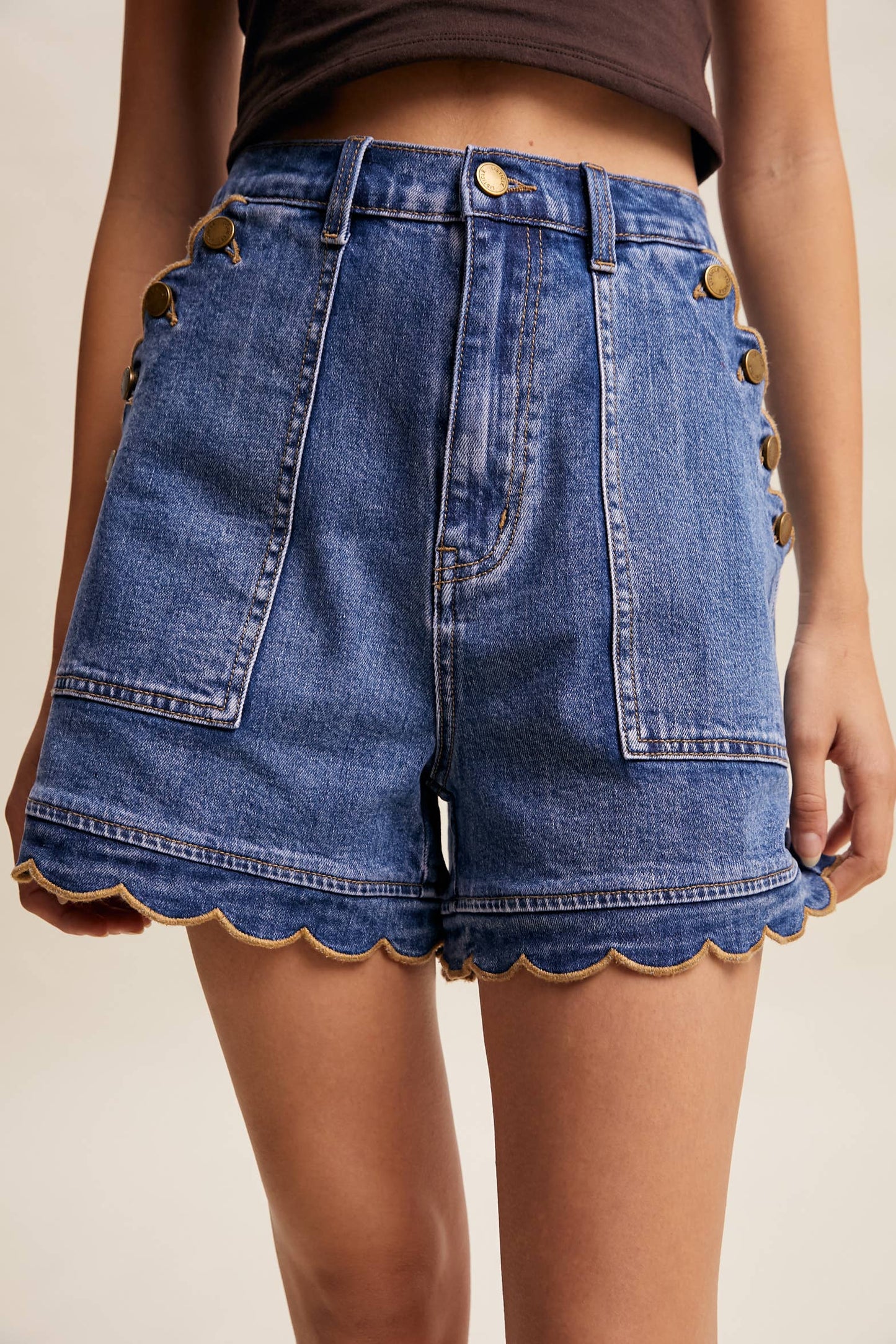 Scallop Button-Side Stretch Denim Shorts