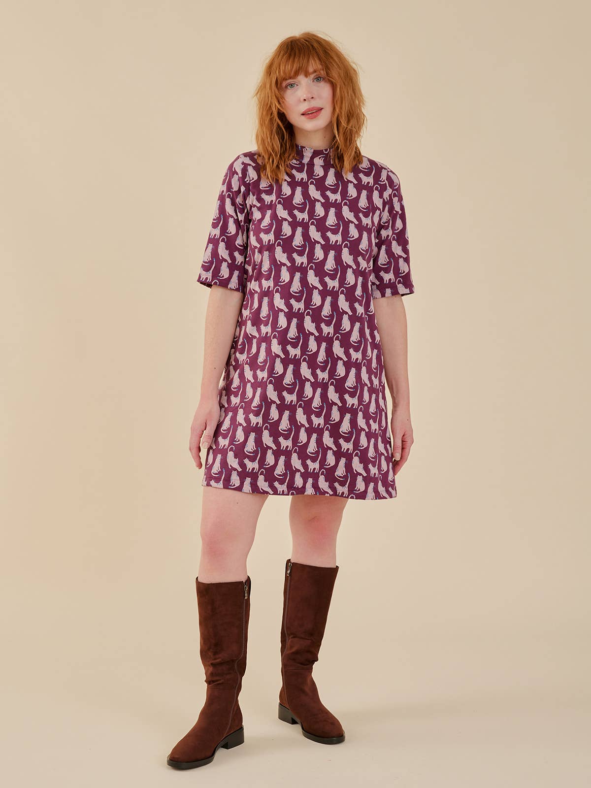 Ellie Mock Neck Swing Dress Lounge Cats Plum