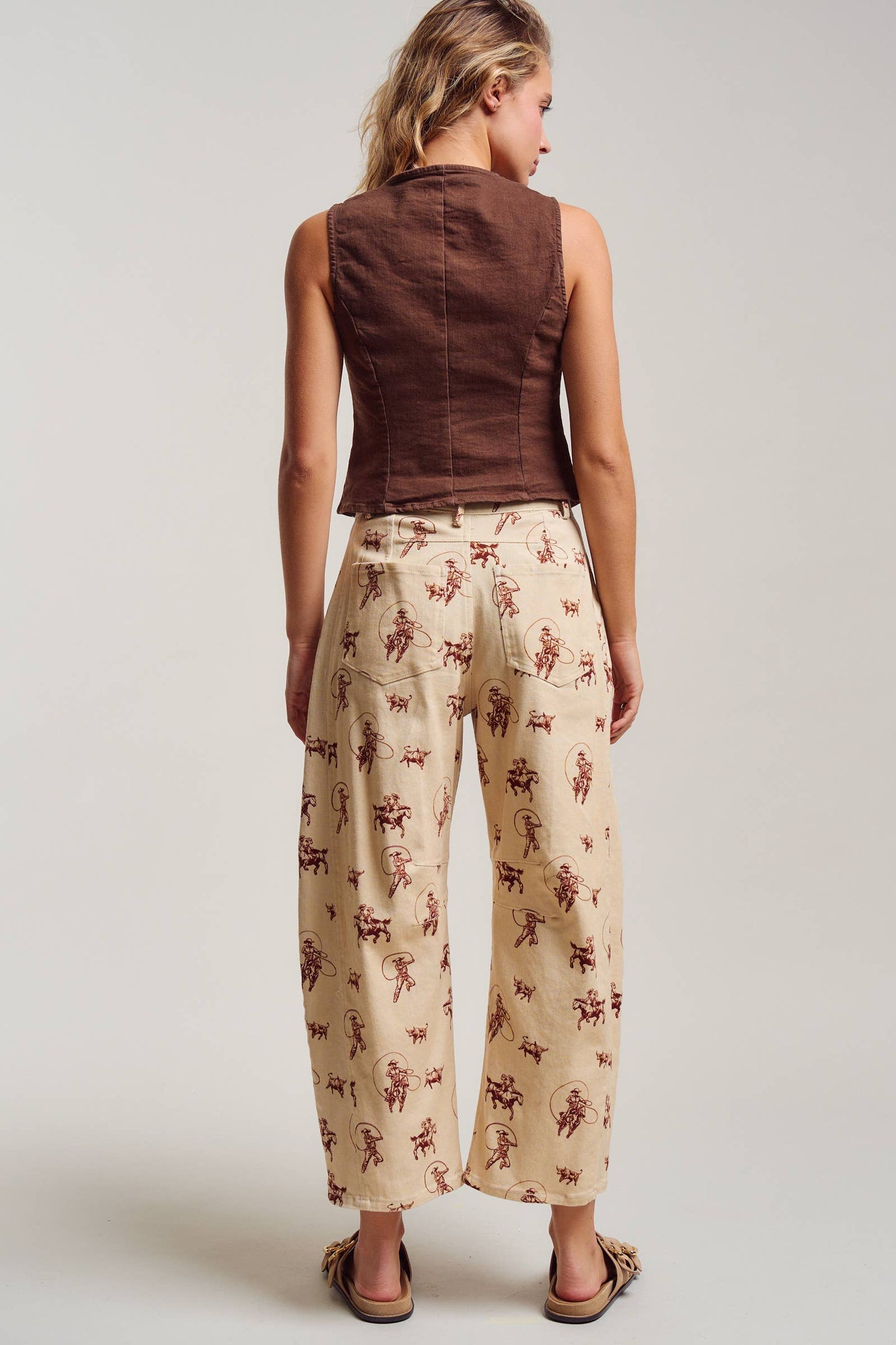 Western Toile Print Barrel Leg Stretch Pants