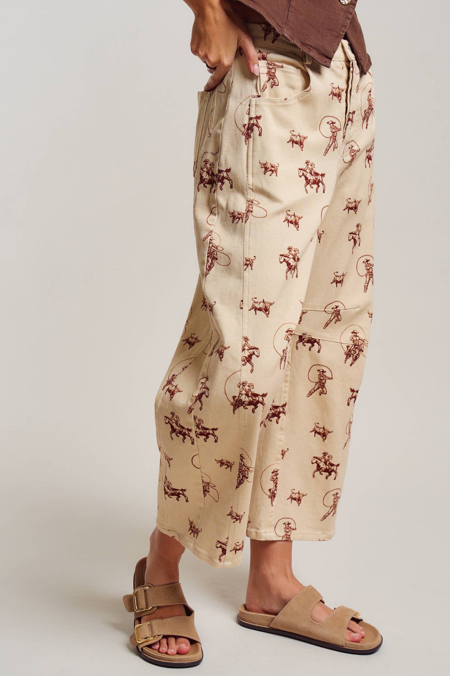 Western Toile Print Barrel Leg Stretch Pants
