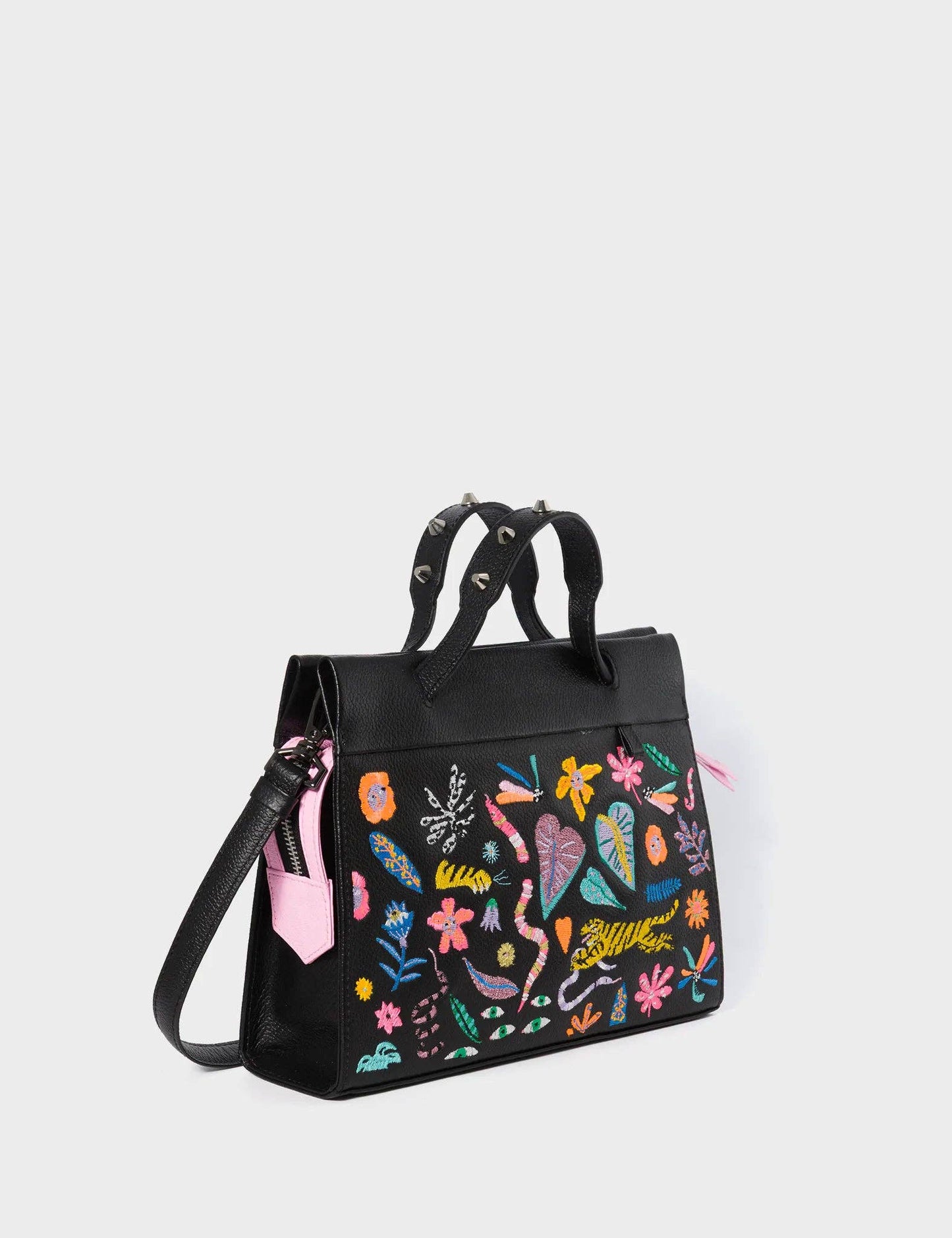 Vali Crossbody Small Black Leather Bag - Autumn Blush Embroidery