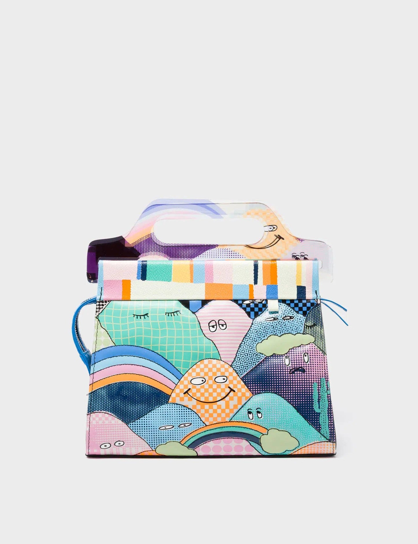 Vali Black Leather Crossbody Handbag Plastic Handle - Happy Mountanis Print