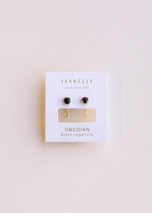 Huggies - Obsidian - Gold Earrings