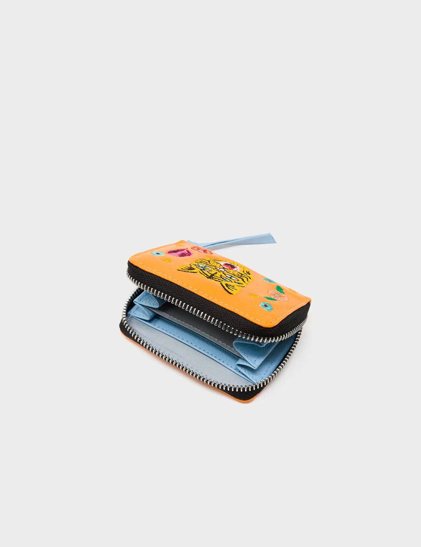 Frodo Flamingo Orange Leather Zip Around Wallet - Happy Tiger Embroidery