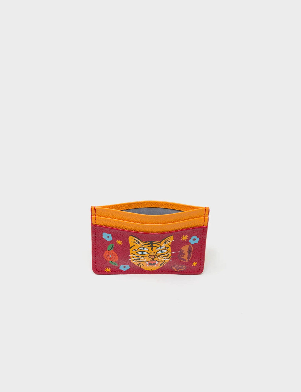 Filium Jester Red and Flamingo Orange Leather Cardholder - Happy Tiger Print