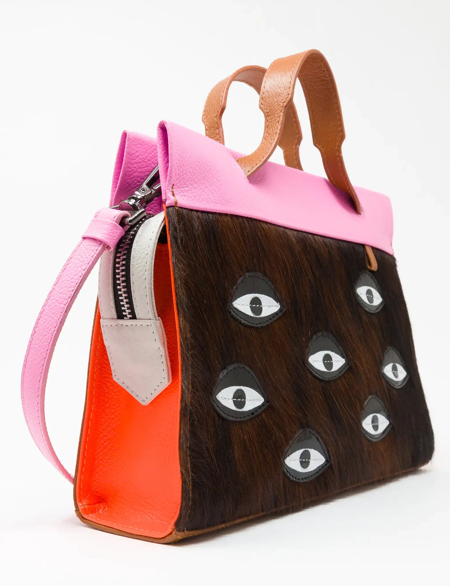 Vali Crossbody Small Bubblegum Pink And Neon Orange Leather Bag - Eyes Applique Adjustable Handle
