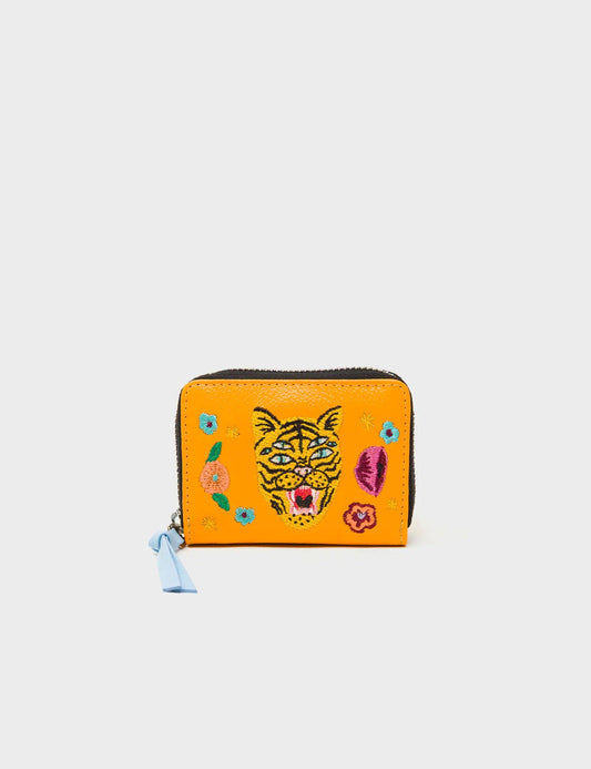 Frodo Flamingo Orange Leather Zip Around Wallet - Happy Tiger Embroidery